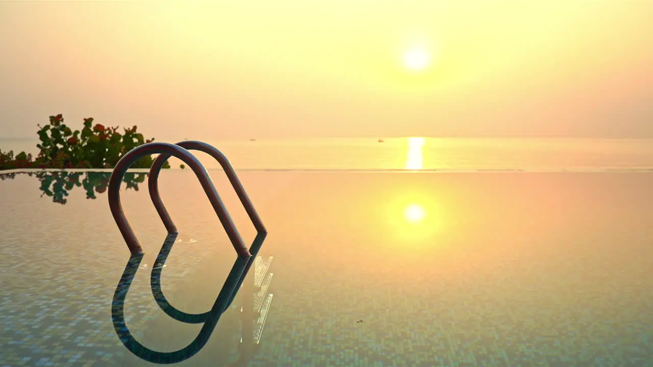 Glowing sun reflecting over infinity pool water at sunset with sea in background