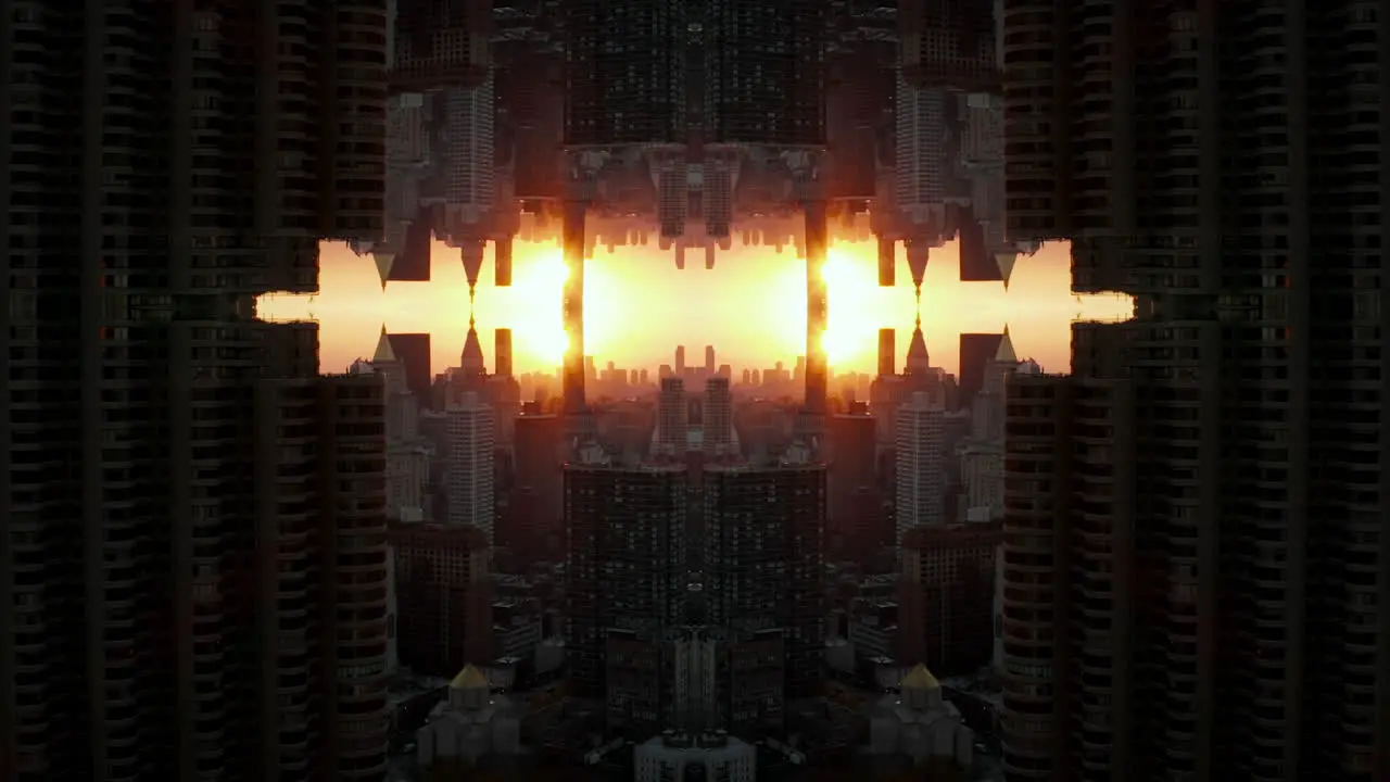 Fly above modern urban borough high rise buildings against sunrise or sunset sky Abstract computer effect digital composed footage