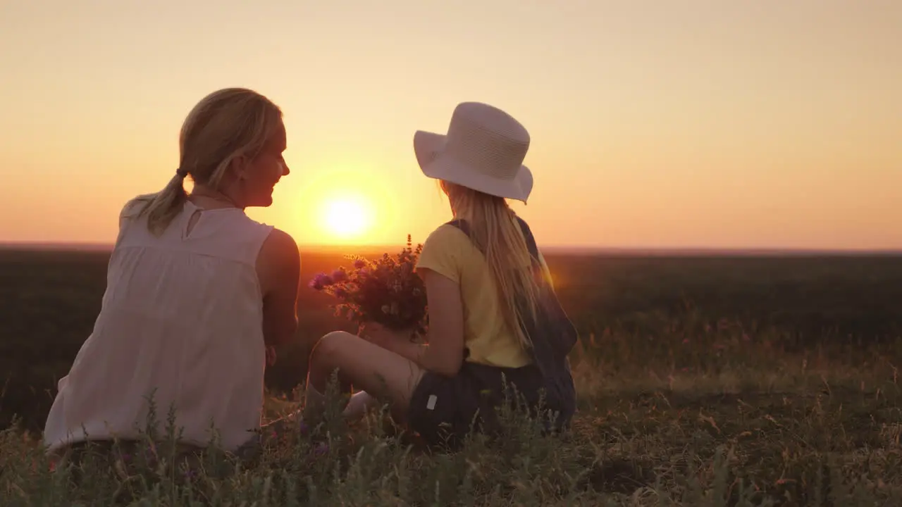 Mom And Little Daughter Are Sitting On A Hill Admiring The Sunset In The Hands Of Wild Flowers Summe