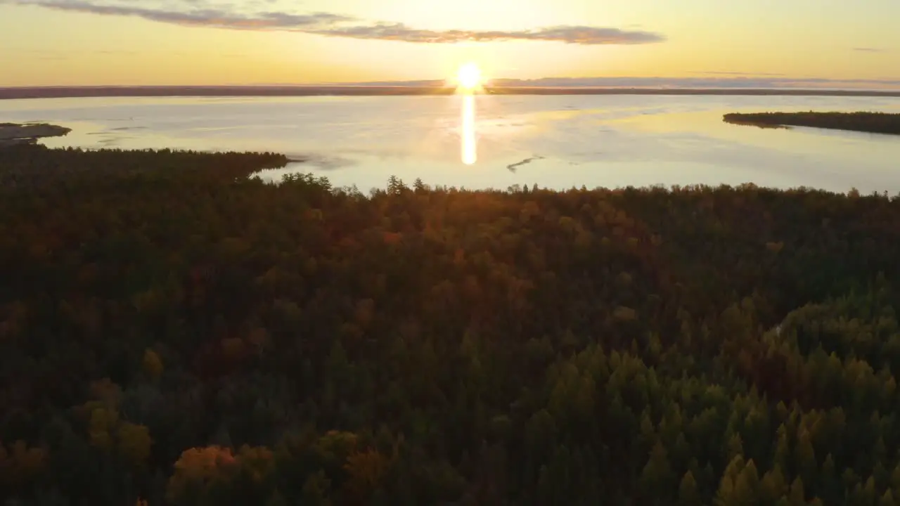 Aerial forest in autumn with sunset over lake in the background