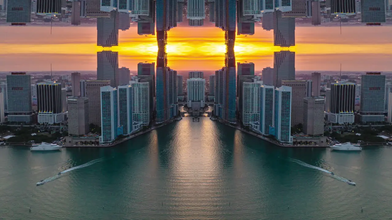 Symmetrical composition of high rise building on waterfront in sunset time Abstract computer effect digital composed footage