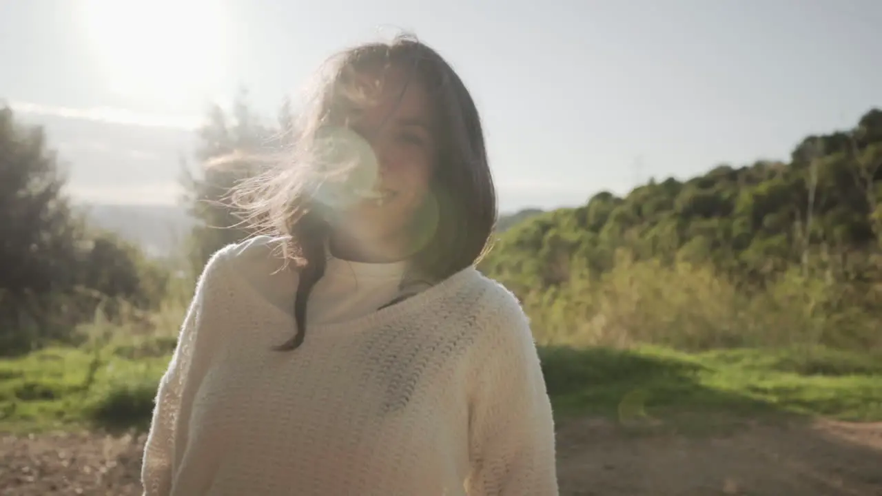 Flashback nostalgia spanish woman smiling in slow motion