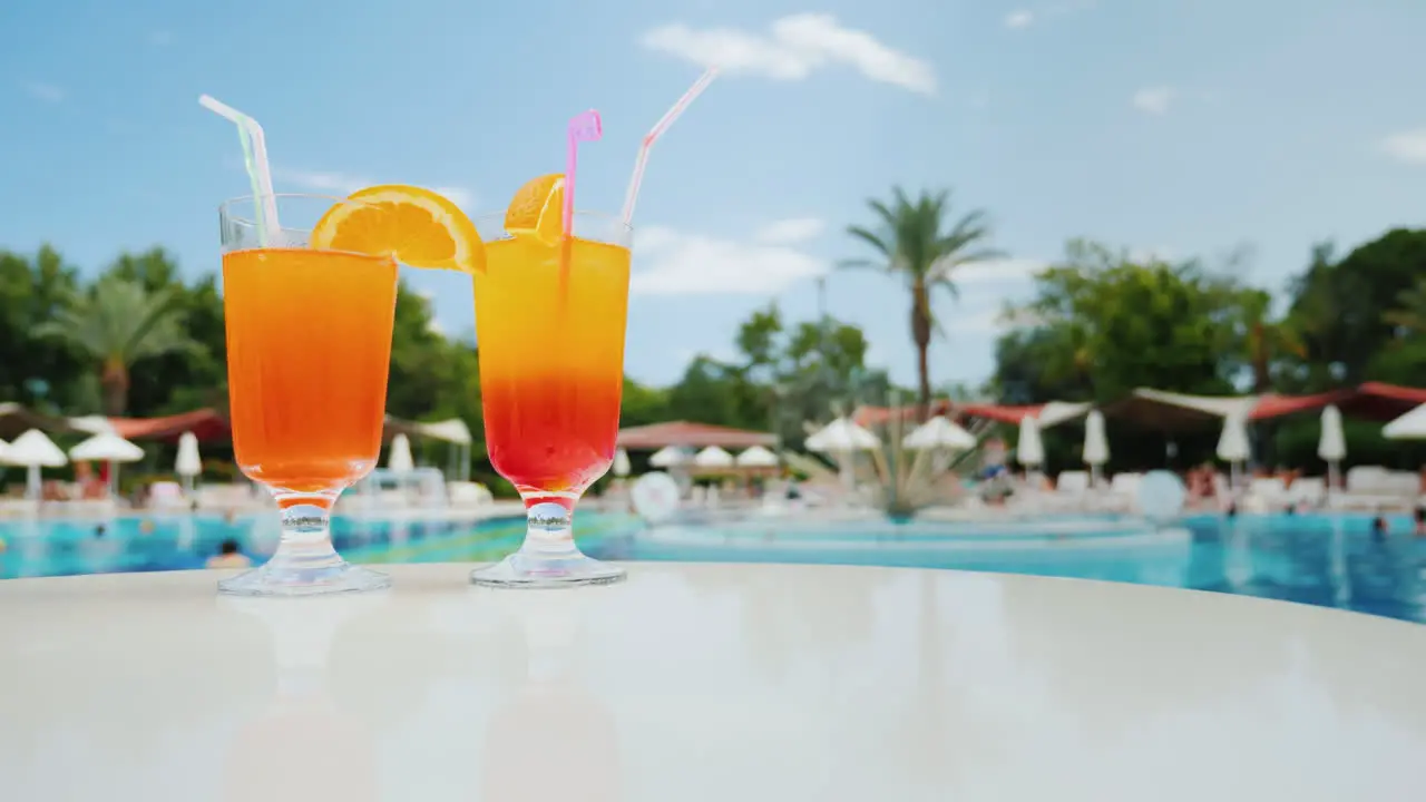 Bright Impressions Of The Beach Holiday Near The Pool Two Glasses Of Colorful Alcoholic Cocktail On 