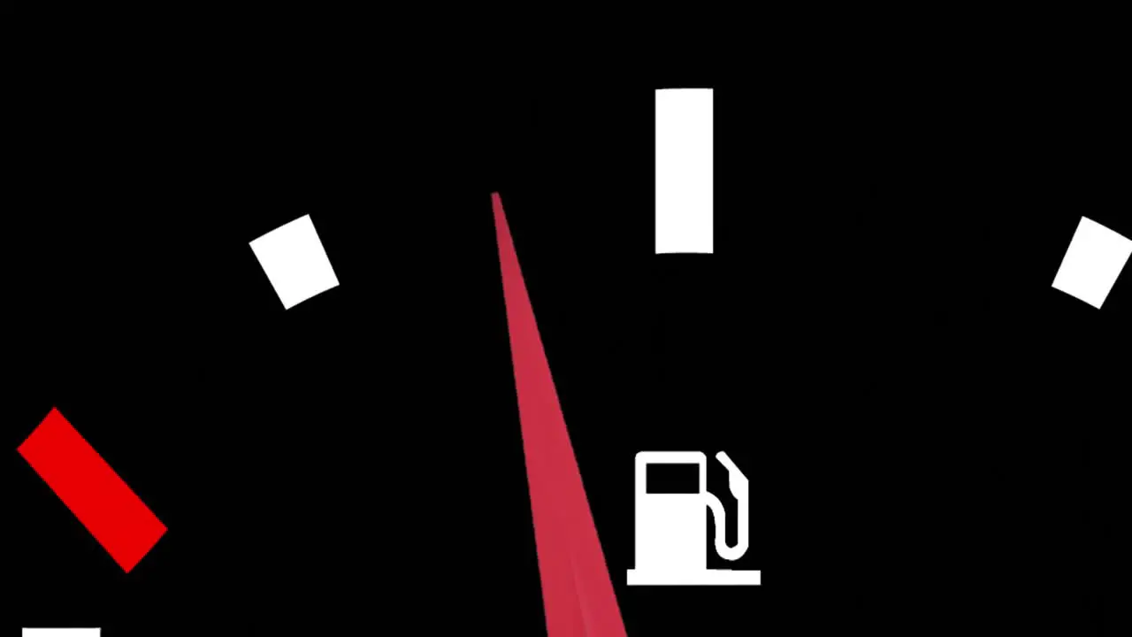 Animation of close up of fuel gauge moving over black background