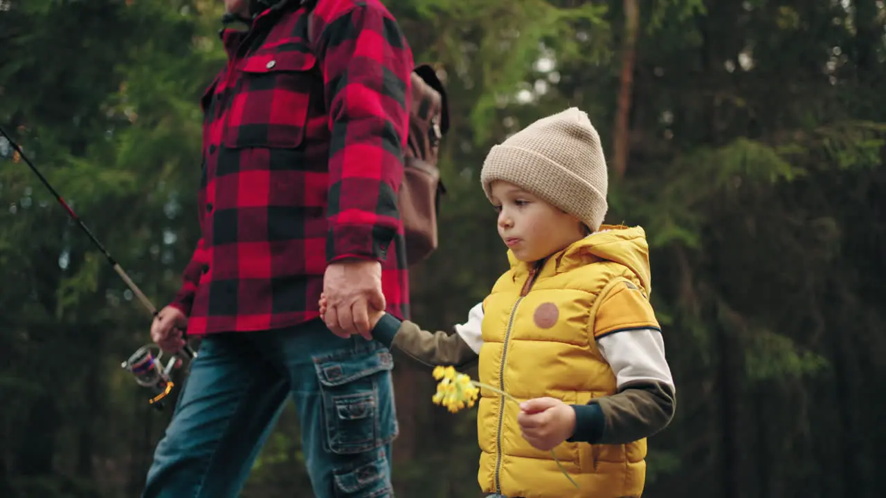 happy little boy and his father or grandpa are walking in nature in spring or autumn