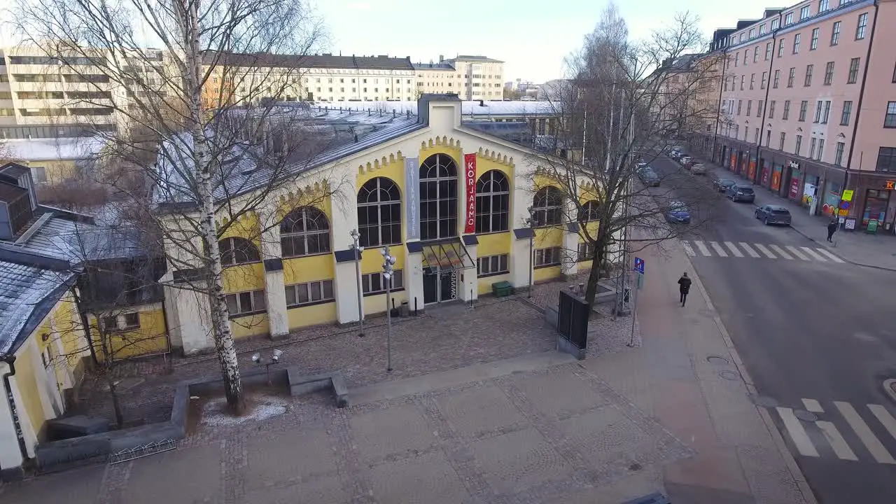 Aerial view of Kulttuuritehdas Korjaamo Culture Factory and Ratikkamuseo on a sunny winter day