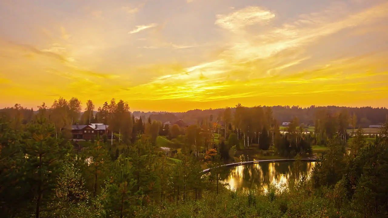 Timelapse of landscape with lakes and trees reflecting on water surface at sunset