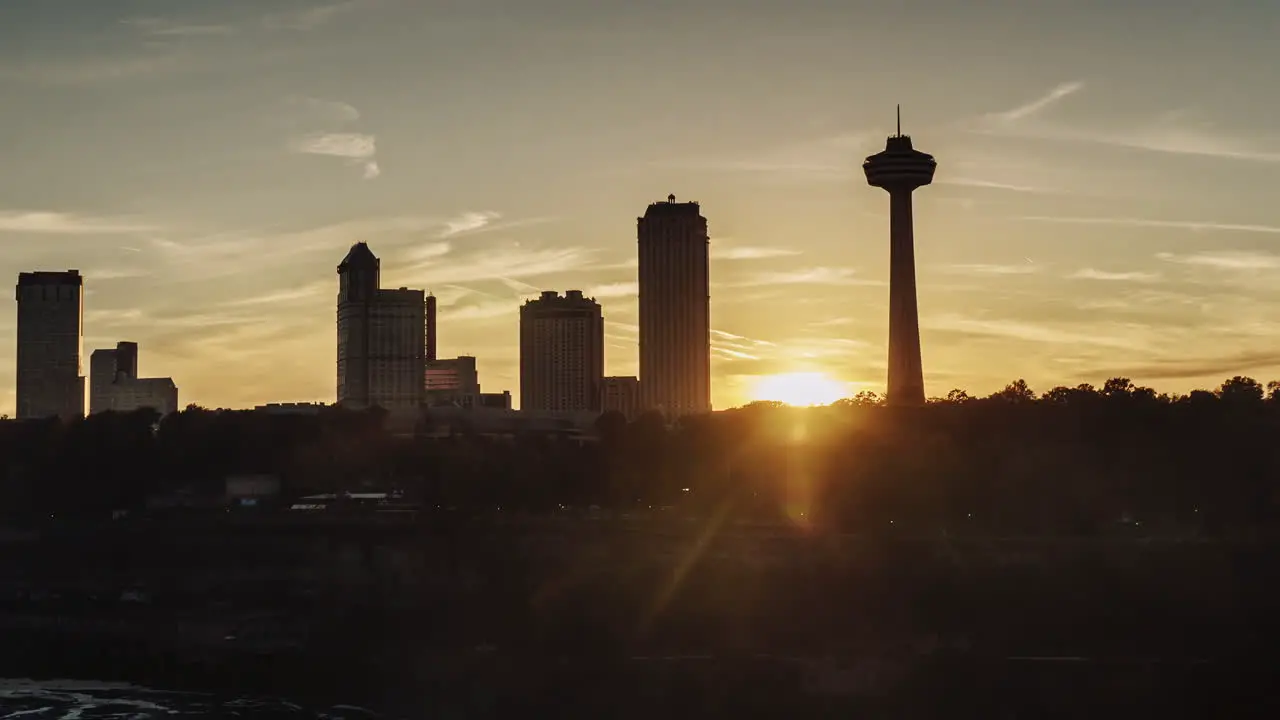 The sun shines through buildings on the Canadian shore near Niagara Falls