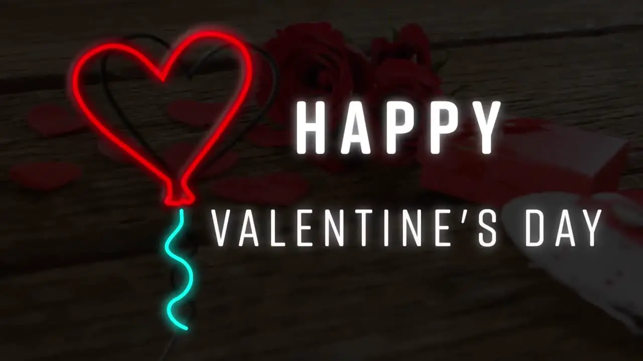 Animation of happy valentine's day text with neon heart balloon over roses