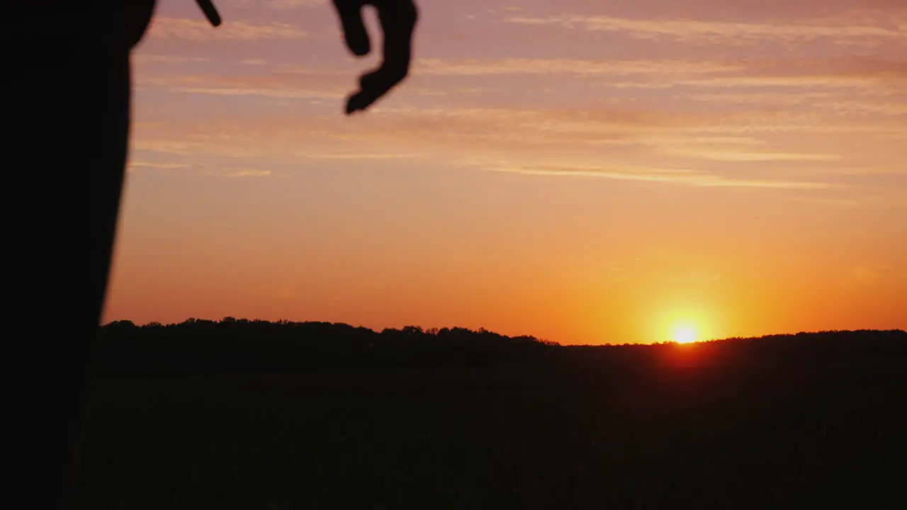 A Couple Of Farmers Man And Woman Walking Away Into The Field At Sunset A Man Carries A Braid On His