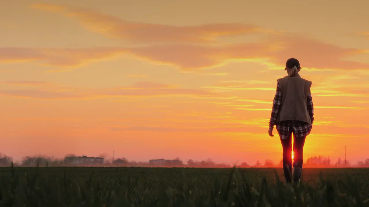 A Confident Farmer Walks Across The Field Towards The Rising Sun Against The Backdrop Of Picturesque