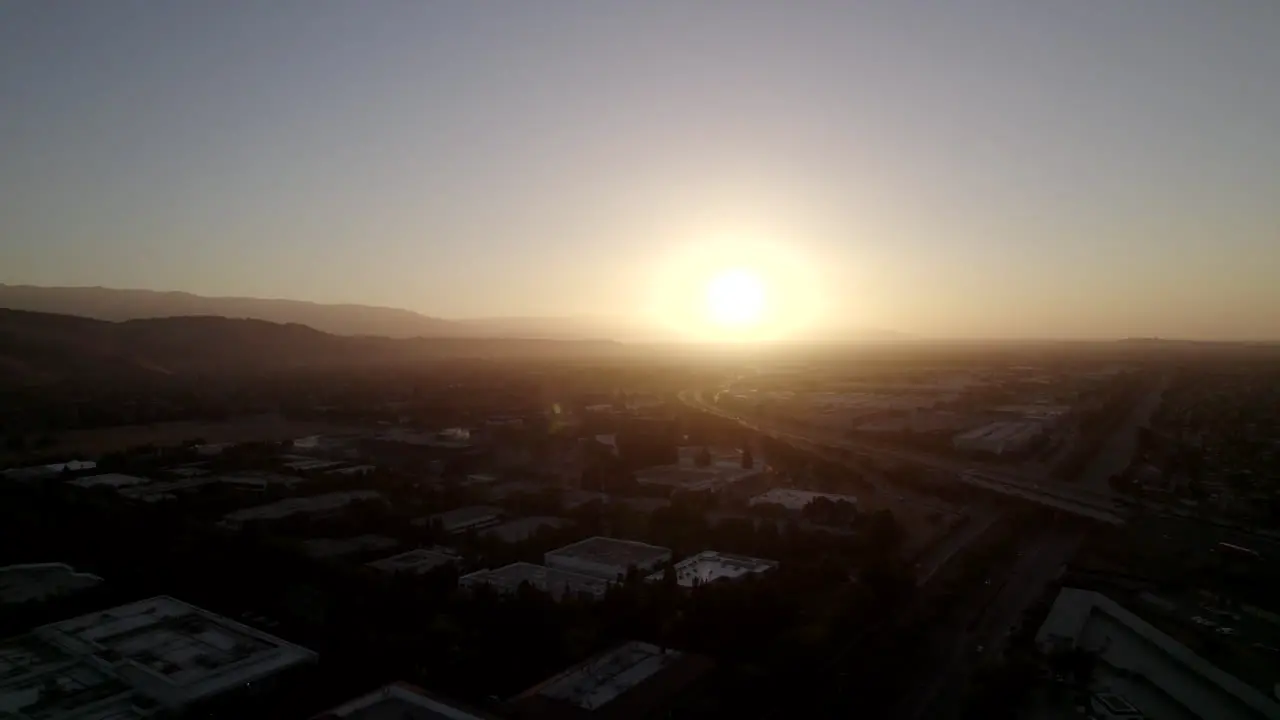 Aerial Golden Yellow Sunset On Horizon Over Silicon Valley