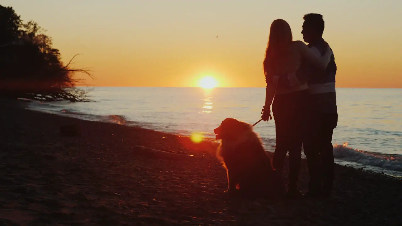 Couple and Dog Watch Sunset by a Lake