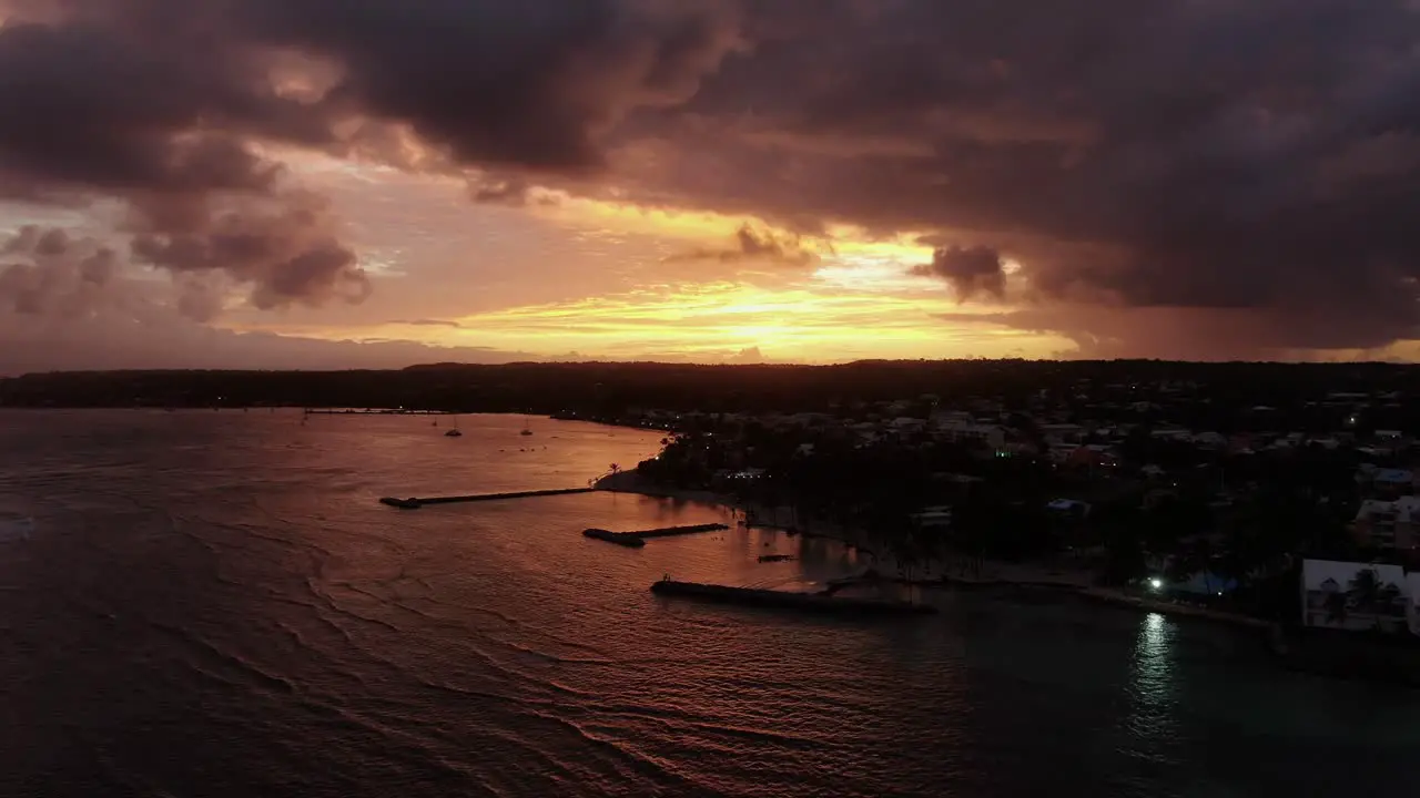 Sunset above the sea in Guadeloupe with drone