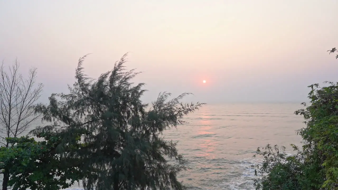 A pink sun sets over an ocean horizon and in between lush green trees