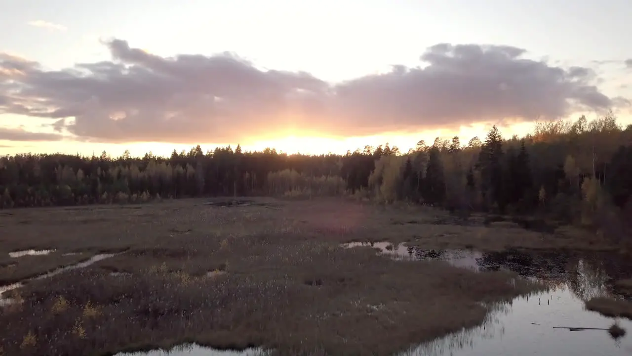 DOLLY ZOOM effect on low aerial shot over the pond towards the sunset