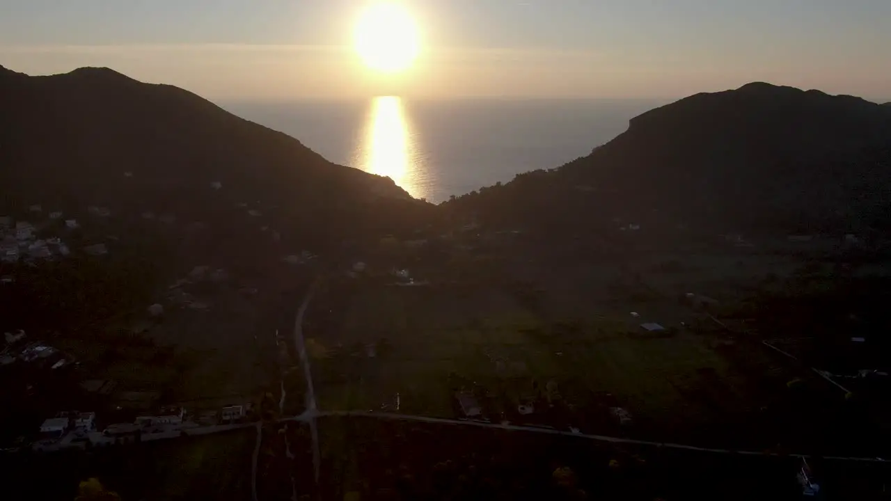 drone view od sunset in corfu island greece