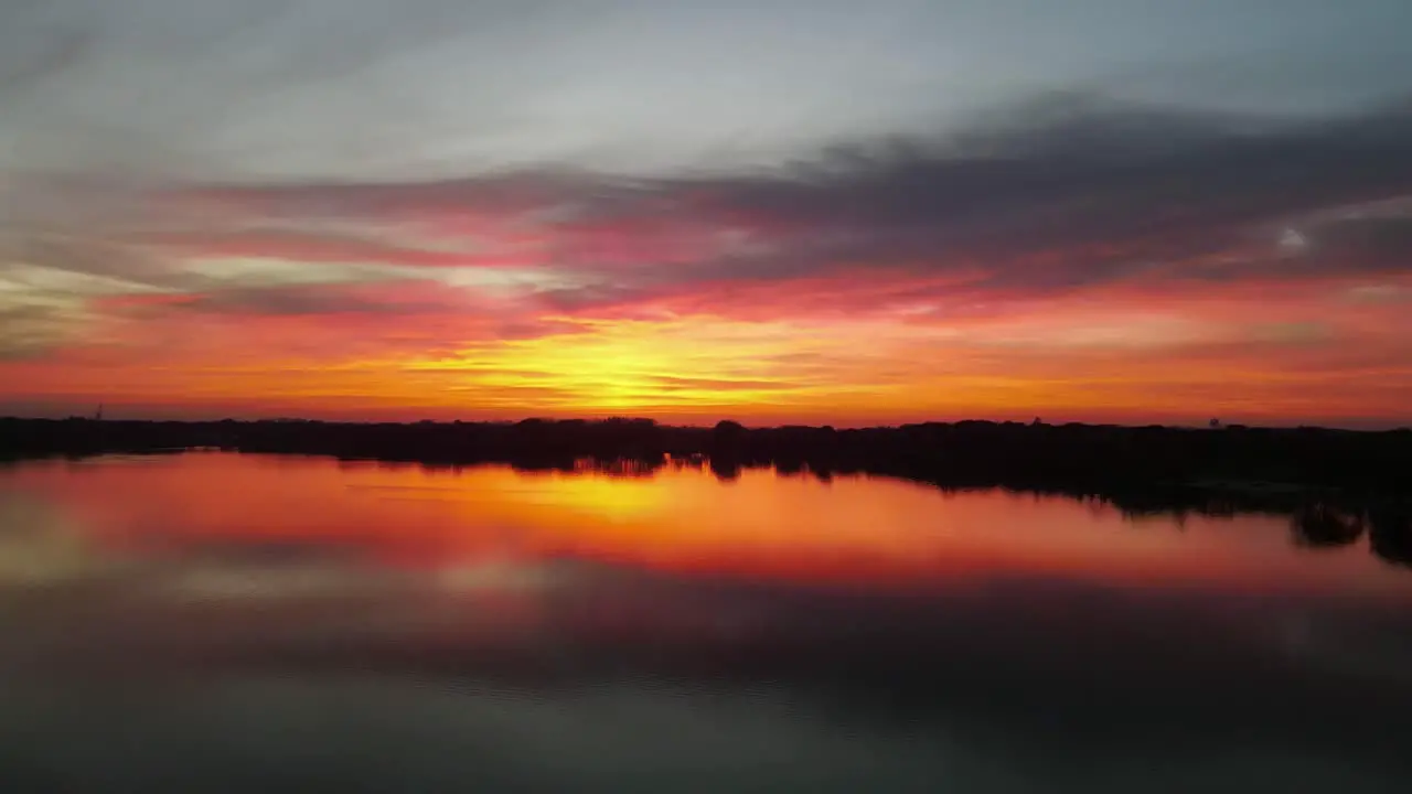 Aerial Shot of a Vibrant Sunset Over a lake