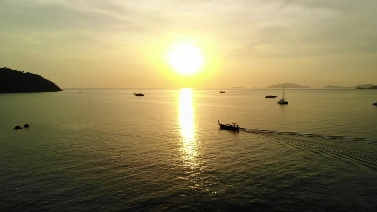 Flight following a tale boat with golden sunset on the background