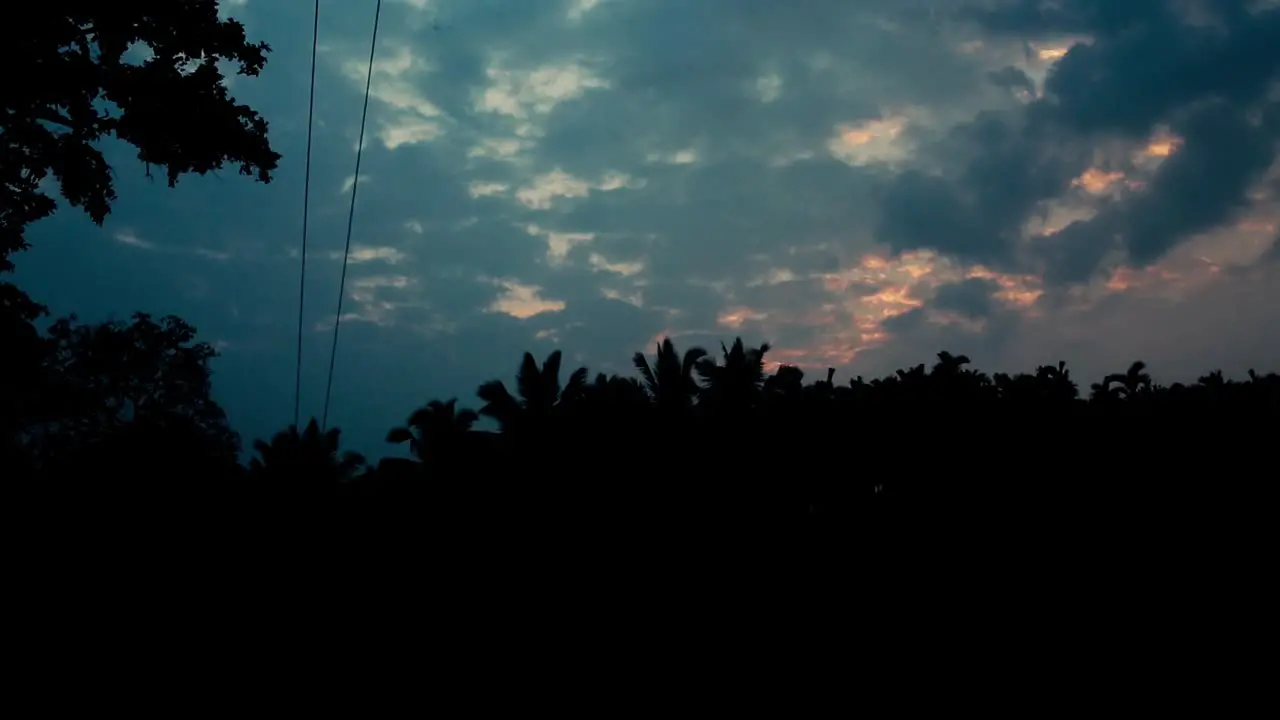 Blue cloudy sky in the evening with silhouettes of tropical trees in the front sky background