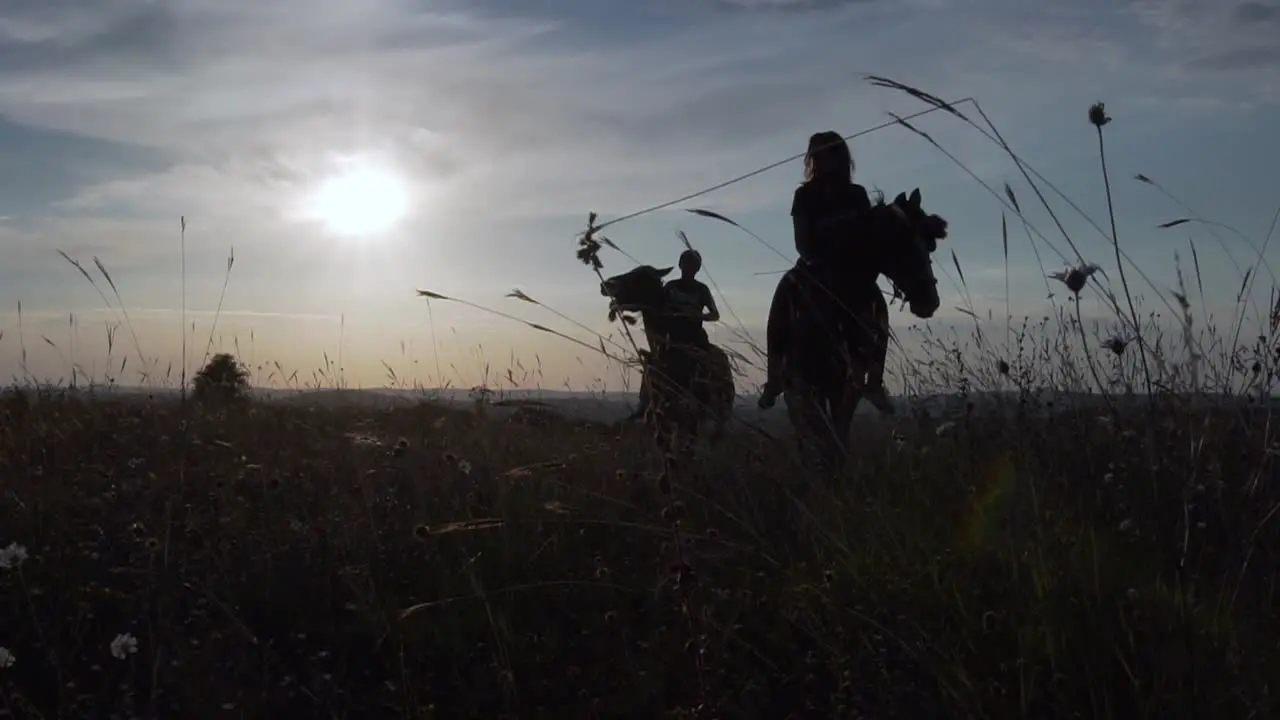 Silhouette of boy and girl ride horses on grass field before sunset slow motion