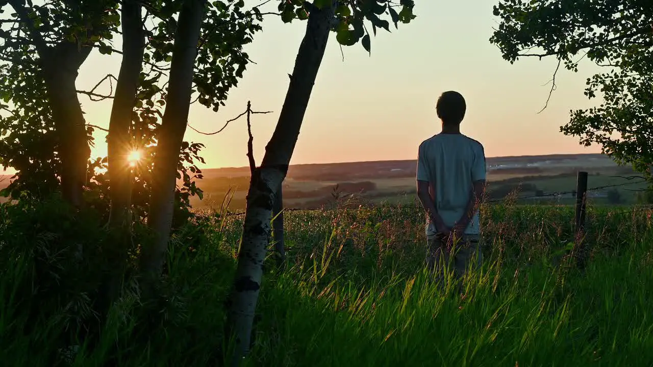 A boy watching a sunset by a field