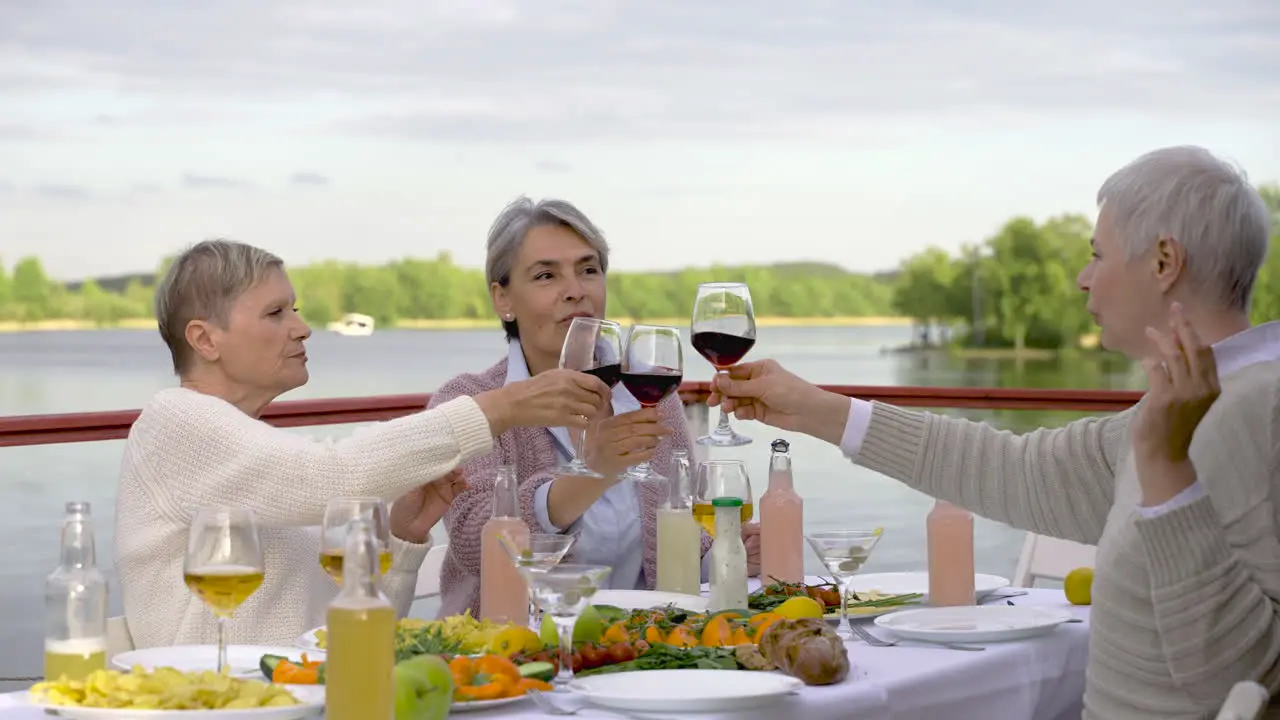 Three Senior Women Toasting With Wine Glasses Before Having Dinner