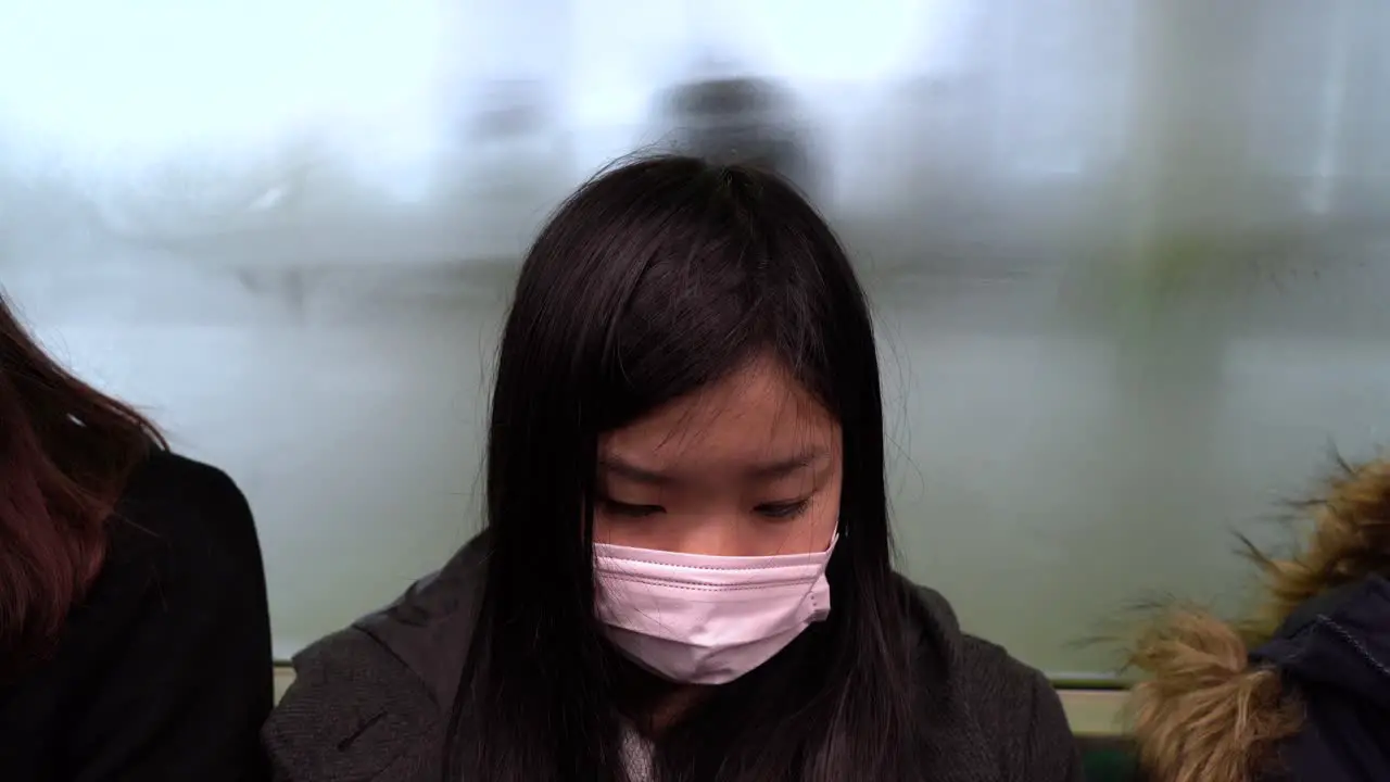 Inside The Public Train In Tokyo Japan Sitting A Young Girl Wearing A Protective Face Mask Close Up Shot