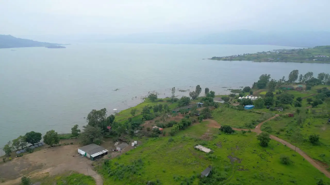 beautiful pawna lake camping place drone view in rainy season