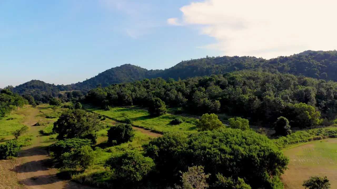 Beautiful aerial over the jungle and farmland in the Thai countryside