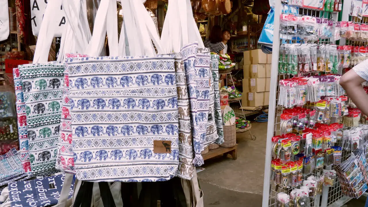 Beautiful handicraft cloth bags selling with Elephant-patterned cloth bags at Chatuchak Weekend Market in Bangkok