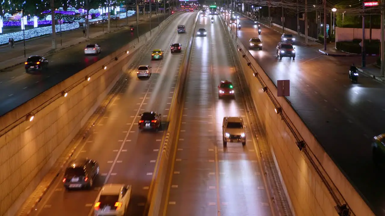 Late night traffic situation in one of the major thoroughfares in the city of Bangkok Thailand