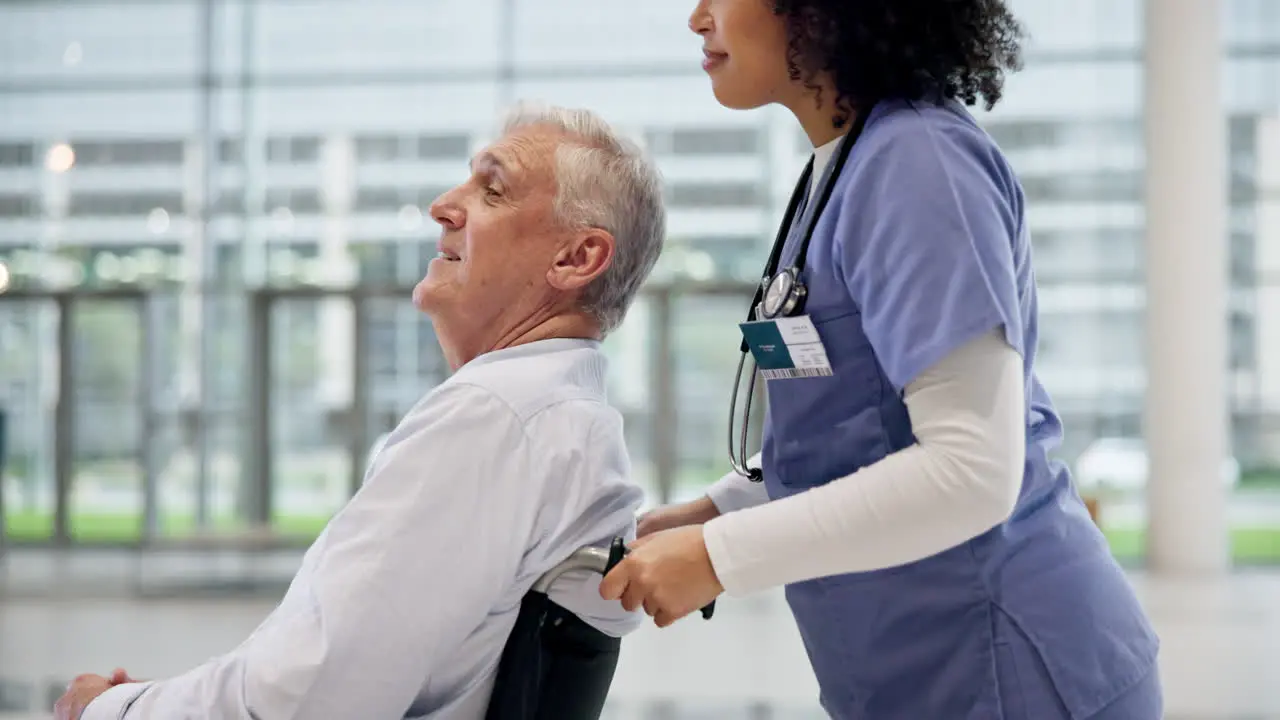 Wheelchair support and woman nurse with old man