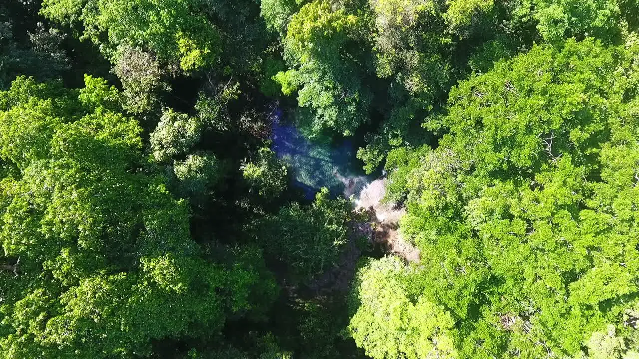 Descending aerial over a lone swimmer at a natural rock pool