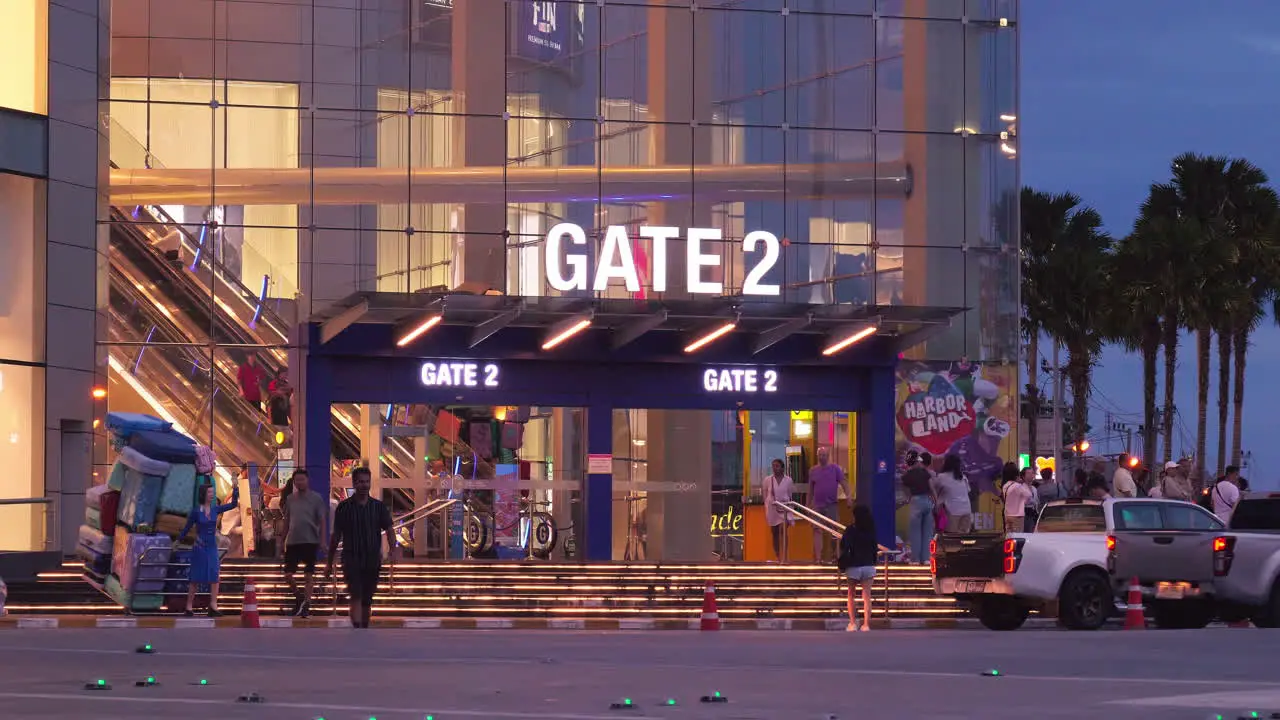 Front view Gate 2 of Terminal 21 shopping mall with Grand Centrepoint in the background in Pattaya Chonburi province Thailand