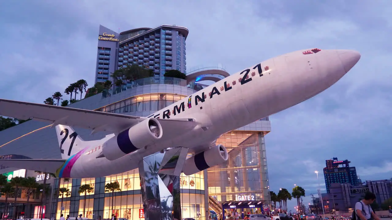 Front view of Terminal 21 shopping mall with Grand Centrepoint in the background in Pattaya Chonburi province Thailand