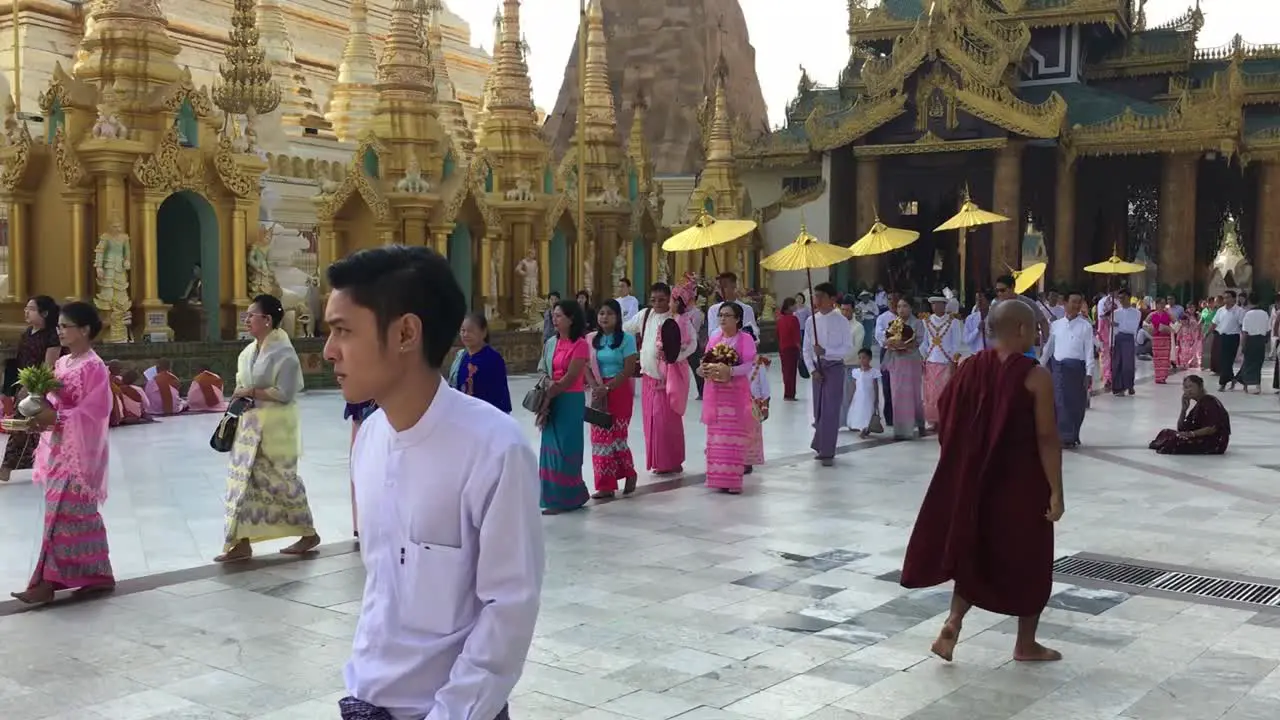 Yangon Myanmar April 24 2018 Colourful Buddhist wedding ceremony in Shwedagon Pagoda in Yangon Myanmar