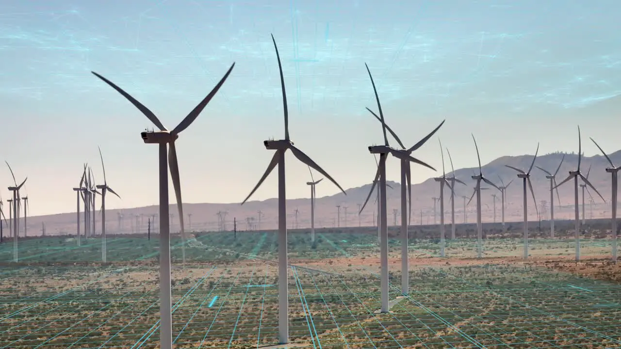 VFX visual effect Overlay of powering wind turbines to generate electricity aerial view