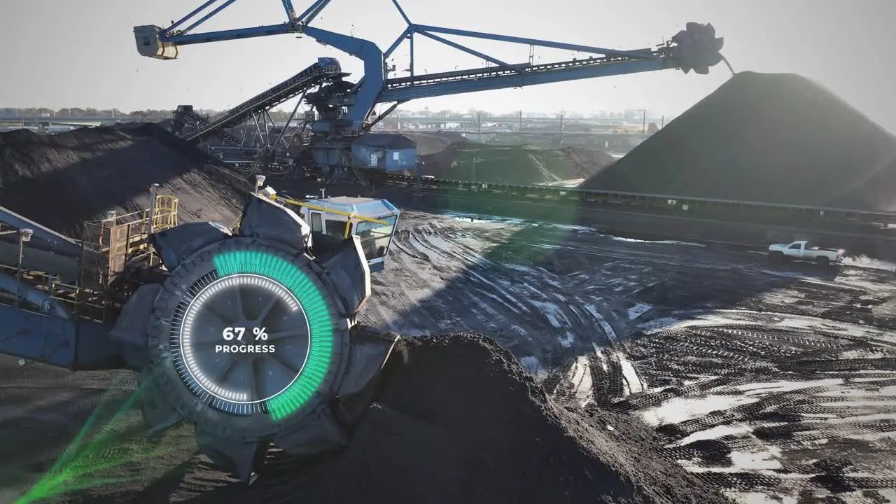 Industrial coal mining operation with machinery and a progress animation on bucket-wheel excavator