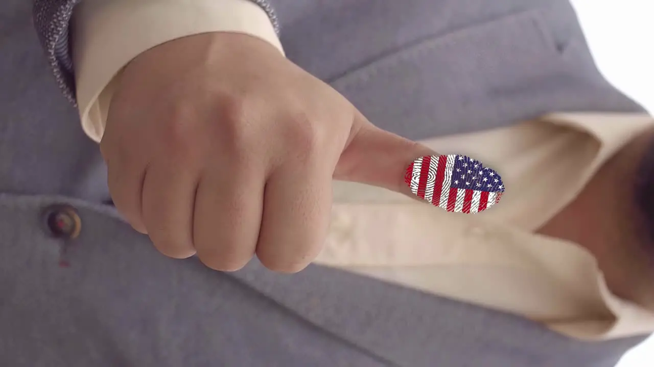 Businessman showing thumb up with american flag on finger vfx visual effect symbol vertical portrait