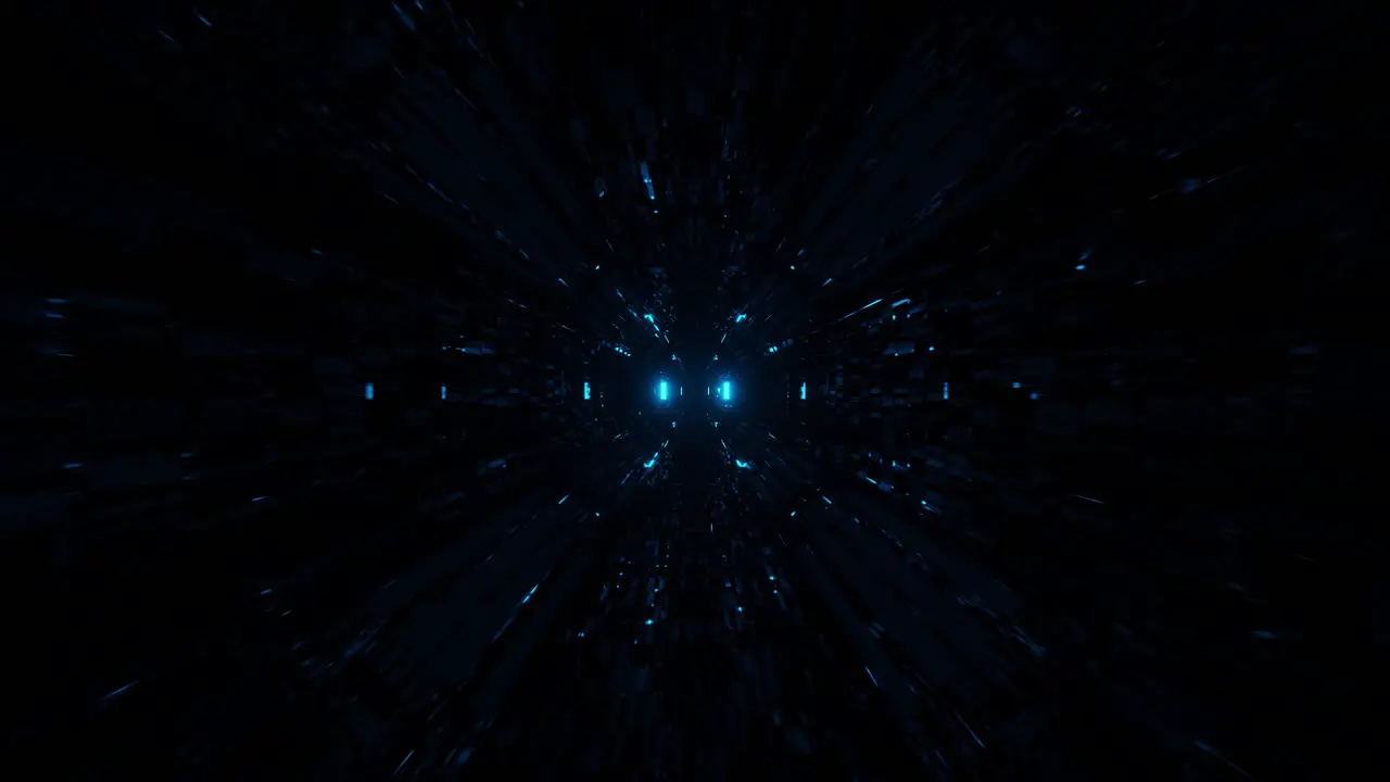 Motion graphics of highly immersive dark space with blue and orange linear LED light rays penetrating out