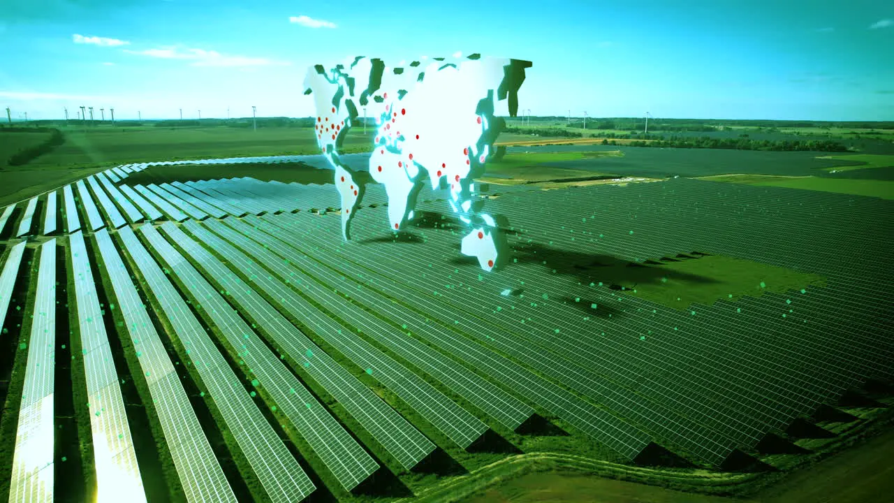 Futuristic concept of solar panel farm with visual effect of global map during sunlight Technology motion graphic with sparks producing renewable energy