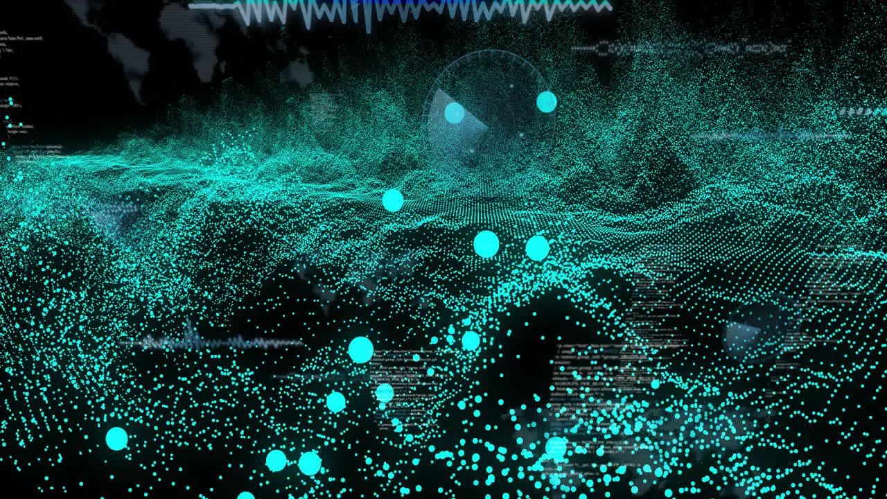 Animation of blue spots over data processing on black background