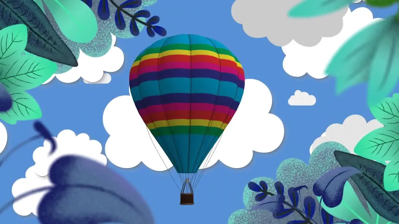 Animation of balloon flying over sky with clouds and leaves