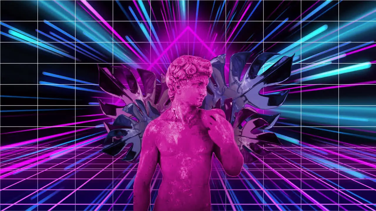 Animation of pink classical statue and leaves distorting over grid and neon beams on black