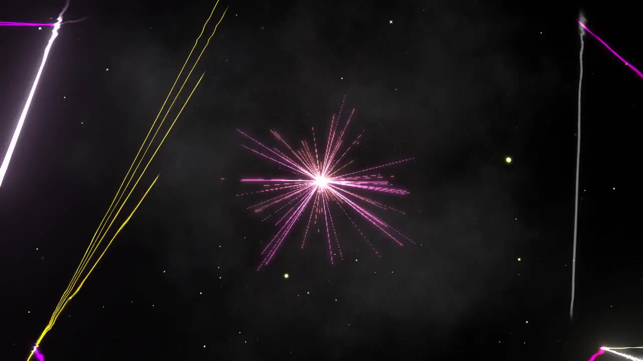 Four laser beams glowing randomly with smoke and particles on black background visual effects animation