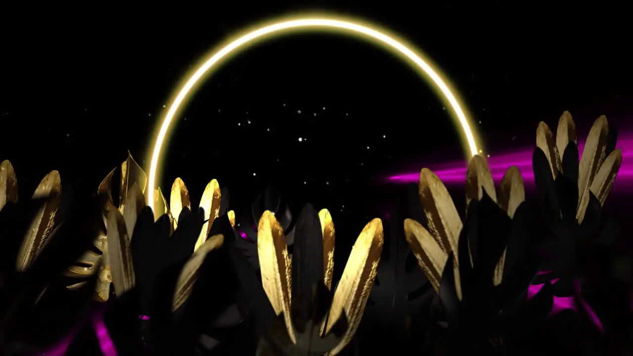 Animation of strobing coloured light beams over neon arc and plant leaves at night