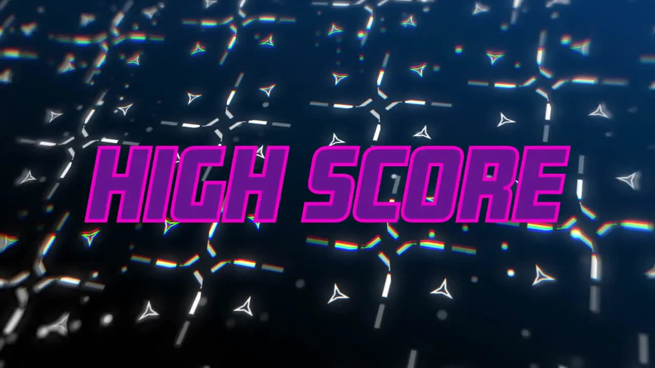 Animation of high score text in purple over moving white pattern on dark background