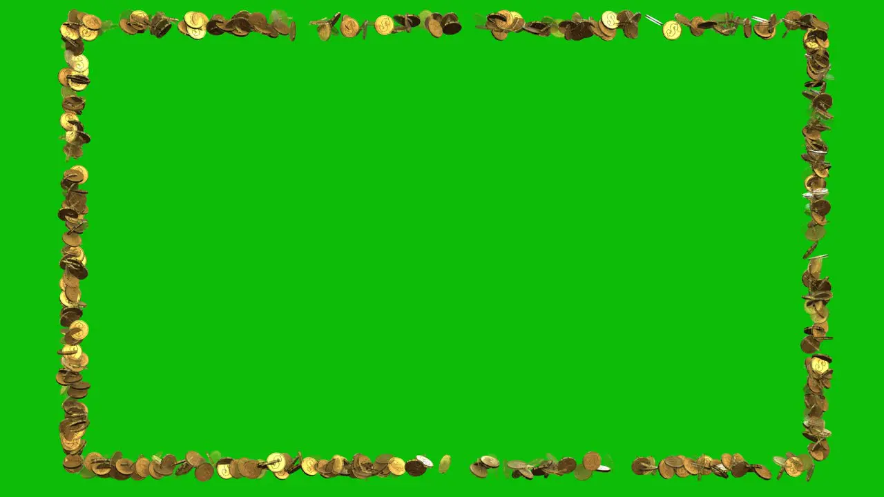 Glowing gold coins forming a frame on green screen 3D animation