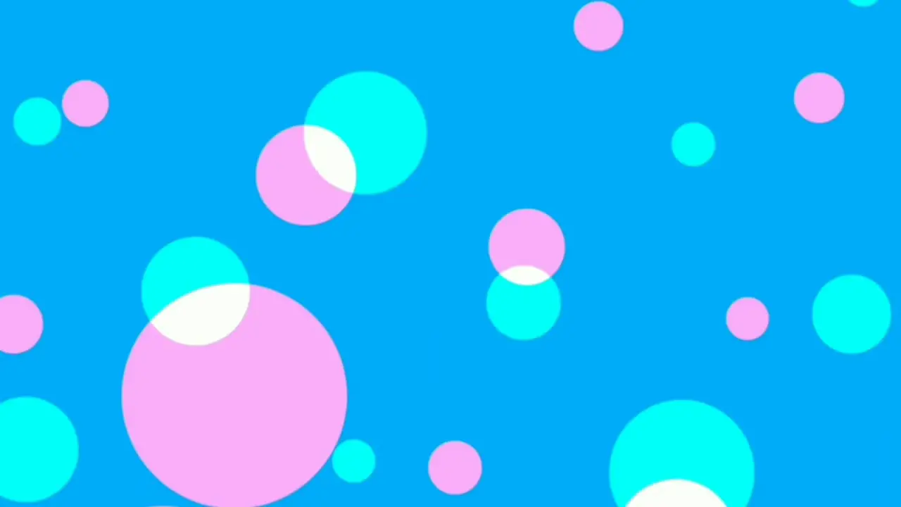 Motion graphics of blue pink and white bubbles of various sizes popping fading and revolving on blue background